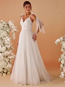 Ever-Pretty Romantic Lace and Tulle Tie-Shoulder Wedding Dress - Floor Length, Sleeveless, Soft Fabric, Concealed Zipper Closure, Ethereal Bridal Gown 02102