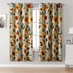 Two piece set of curtains, featuring brown floral patterns and embellished with green leaves, modern style curtains with metal rings, made of semi transparent polyester fabric, making it an ideal choice for home decoration, Window Curtain