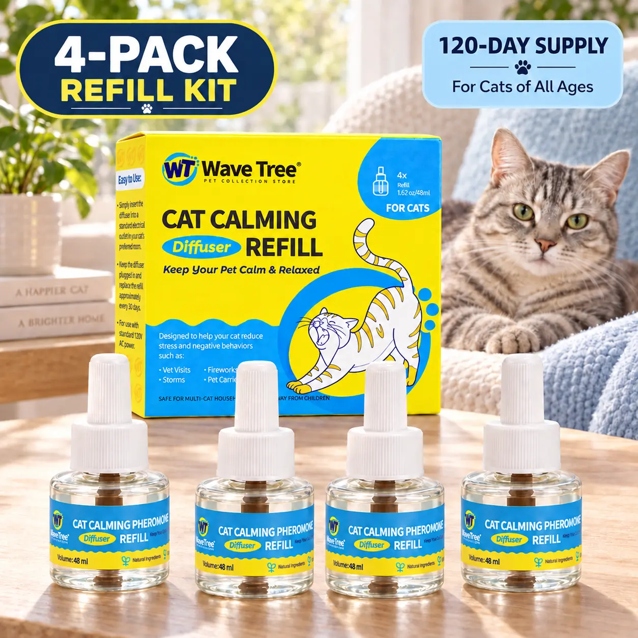 WaveTree Cat Calming Pheromone Diffuser Refills, 4-Pack, 120-Day Supply – Calming Support for Stress, Urine Marking, Fighting, Excessive Meowing & Scratching – Diffuser Not Included
