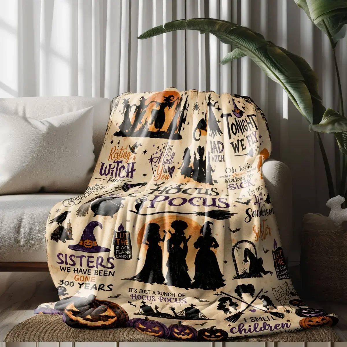 Comfortable Hocus Pocus Sanderson Witch Sisters Halloween Pumpkin Print Flannel Blanket, Soft Warm Anti-Pilling, Ideal Gift, Soft Blanket Throw, Cozy Warm Blanket, Blanket Gifts