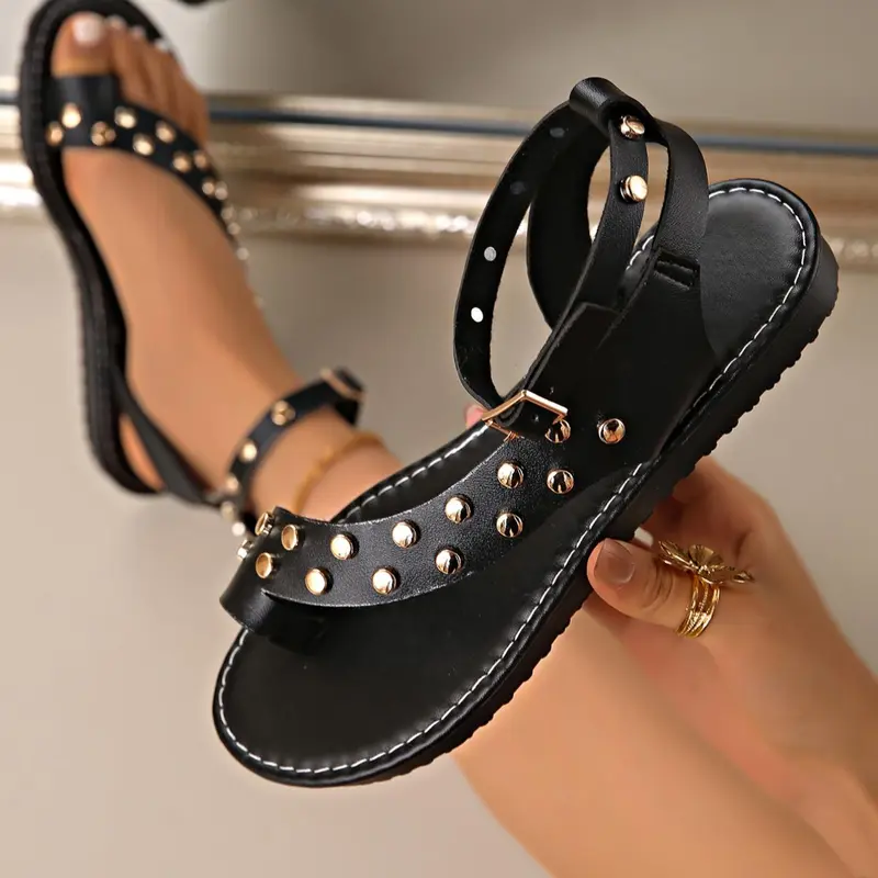 Women's Thick Sole Studded Thong Sandals, Casual Roman Strap Beach Flip Flops, Stylish Size 43 Summer Footwear, Fashion Sandals
