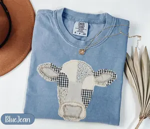 Comfort Colors Faux Patchwork Cow T-Shirt, Quilted Farm Animal Head Tee, Gingham Floral Rustic Cow Lover Shirt, Cottagecore Farmhouse Gift