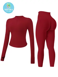 Women's Quick-Dry Half-Zip Seamless Knit Sports Set Long-Sleeved High-Neck Top with Thumb Holes for Slim-Fit Warmth + Stretch Buttock-Lifting Sports Trousers Waist-Defining Slimming Training Outdoor Running Sports Set Fitness Sportswear Set