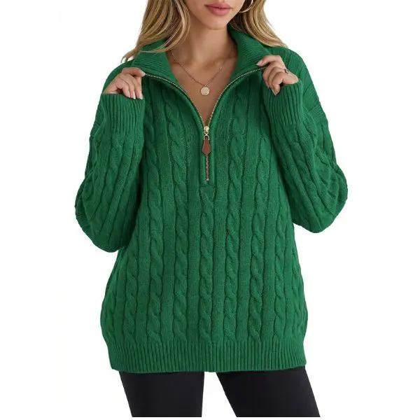 Fisoew Women's Chunky Cable Knit Half Zip Sweater, Oversized Stand Collar Long Sleeve Loose Casual Fall Winter Pullover Top