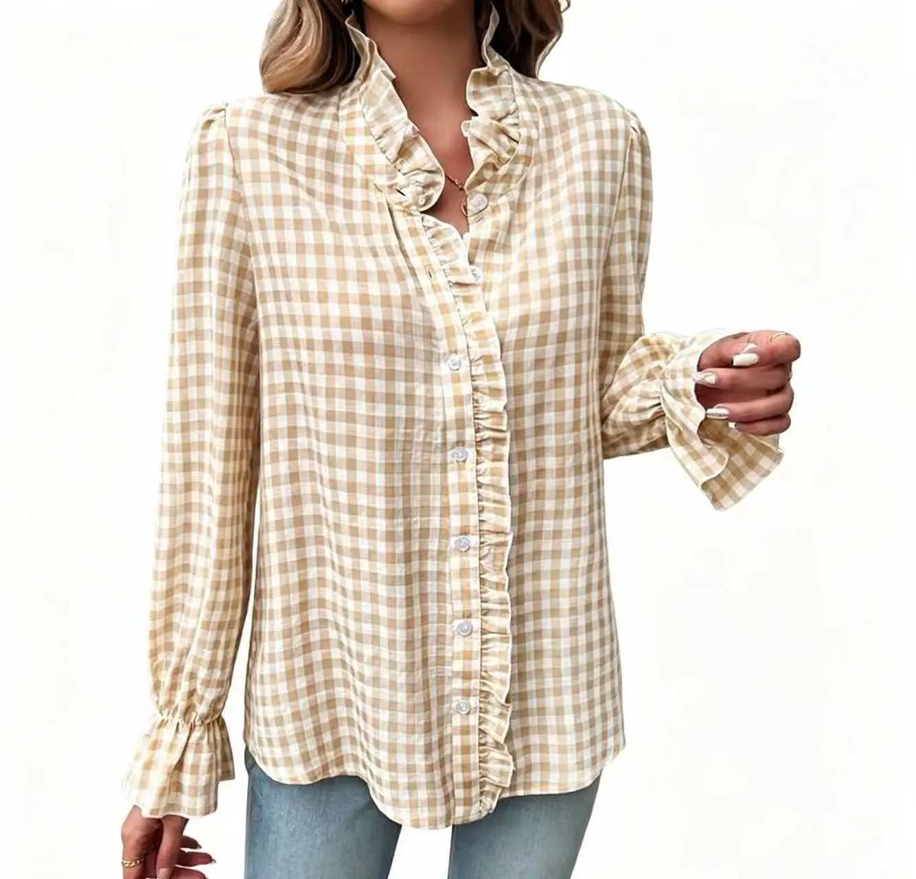 [ Gingham Shirt] Women's Stylish Long Sleeve Gingham Button-Shirt - Light Blue & White Checkered Pattern, Ruffle Detail, Professional Business Look, Machine Washable Cute Fabric
