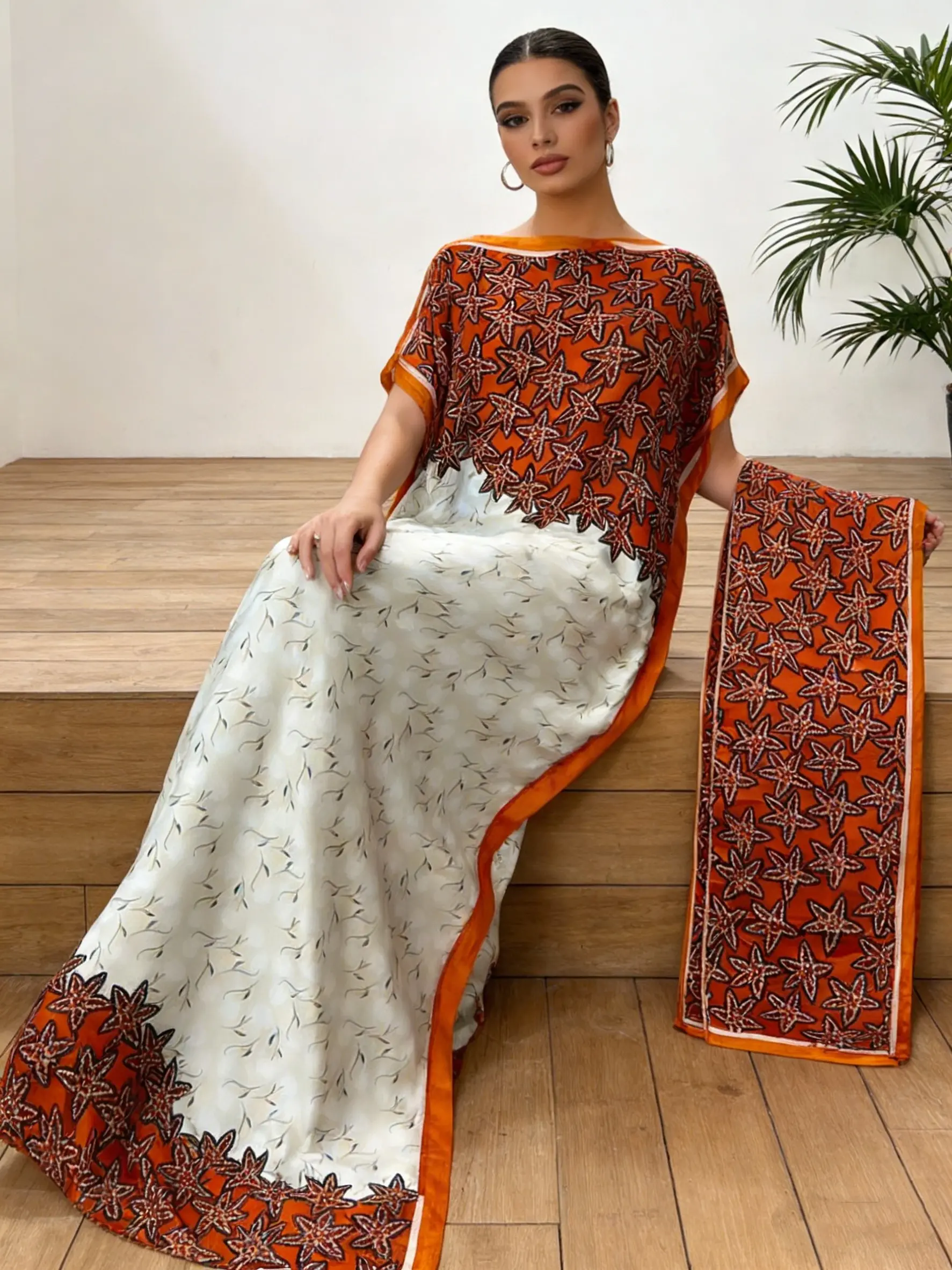 Women's Contrast Color Starfish Decorated Robe —— Orange, Beige and White Satin Long Dress + Contrast Color Loose Cloak-style Extra-long Kaftan Dress | Gorgeous Artistic Style Evening Cocktail Party Robe with Matching Scarf