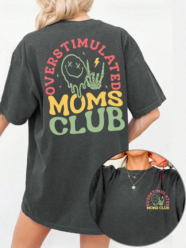Women's Overstimulated Moms Club Round Neck Graphic Tee, Vintage Trendy Casual Short Sleeve T-shirt for Daily Wear, Ladies Summer Outfit, Top