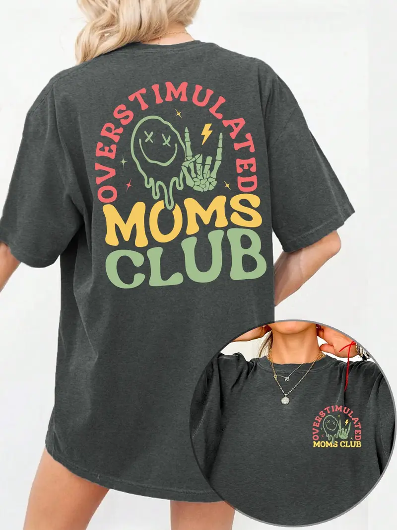 Women's Overstimulated Moms Club Round Neck Graphic Tee, Vintage Trendy Casual Short Sleeve T-shirt for Daily Wear, Ladies Summer Outfit, Top