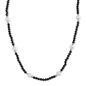 White Shell Pearl and Black Spinel 50.00 ctw Beaded Necklace in Silvertone 18-20 Inches Christmas Gifts
