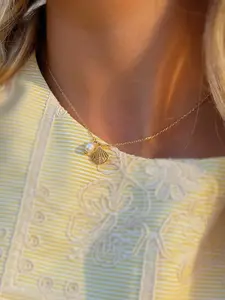 Gold Scallop Shell Necklace with Pearl 18K Gold Plated CZ Shell Jewelry Coastal Beach Pendant Necklace Summer Vacation Gift for Her 16" + 2" Extender