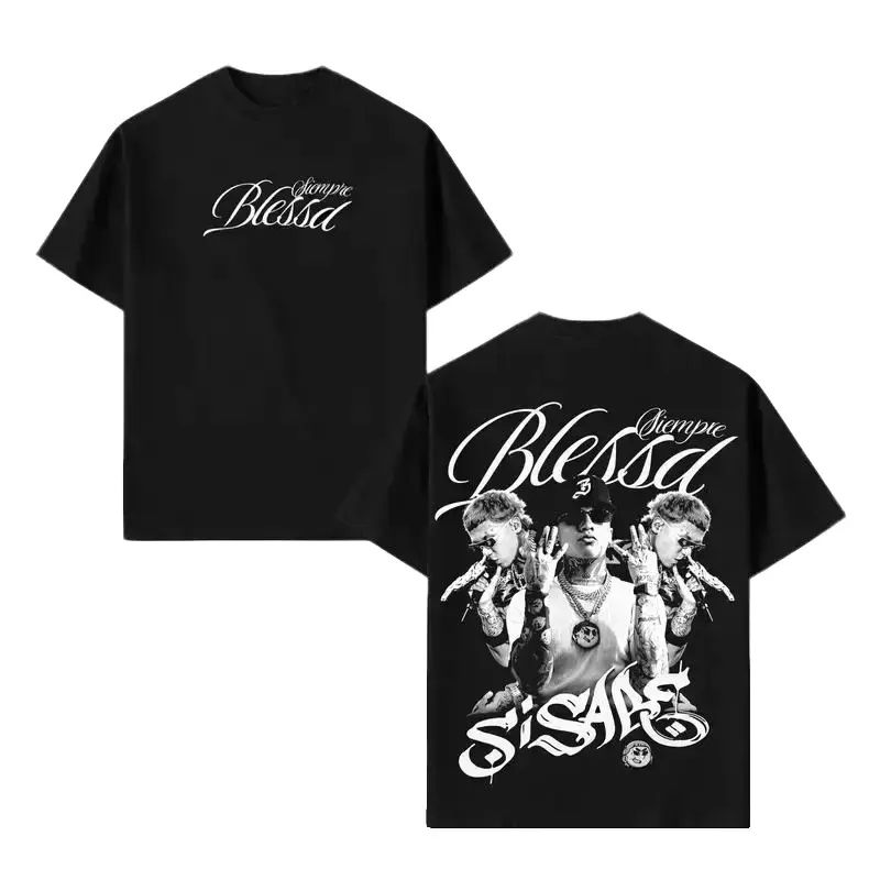 Women's Cotton Round Neck Graphic T-Shirt - Vintage Dark Aesthetic 'Mosaico en Negro' Logo Top, Unisex Street Fit Short Sleeve, Latin Trap Streetwear Edge, Blessd Support Print, Casual Stylish Womenswear Tee