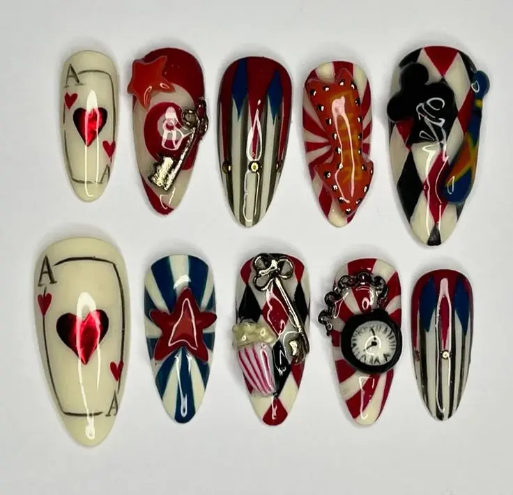 Handmade Vintage Circus Joker Press On Nails | Harlequin Clock Key Rhinestone 3D Fantasy Fake Nails with FREE Adhesive Tabs FREE Nail File FREE Cuticle Stick