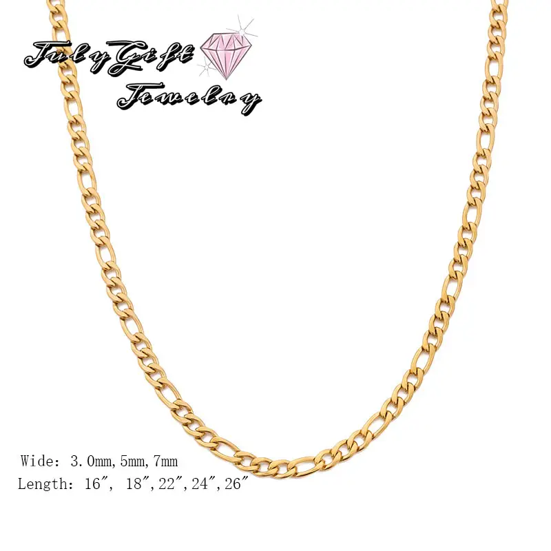 Men Women Figaro Chain Stainless Steel Necklace, Wide 3mm 5mm 7mm