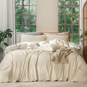Bedding Duvet Cover Set 100% Washed Cotton Like Textured Breathable Soft Comfy (Heathered Almond Milk Grey, Queen 90"x90")