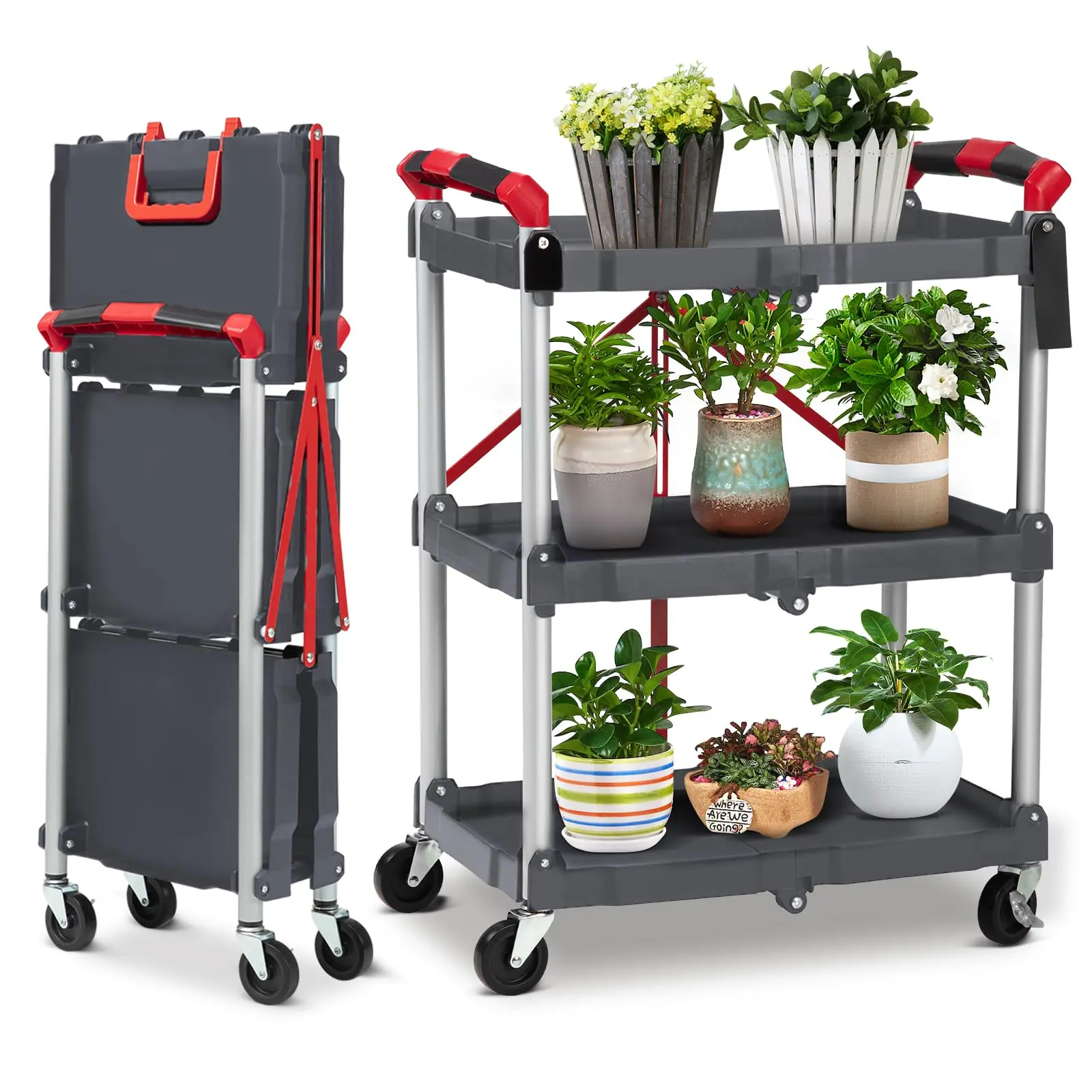 Heavy-Duty Portable Folding Service Cart, 3-Tier Fold Up Rolling Cart, Collapsible Push Cart with Wheels, 56 Lbs Load Capacity per Shelf Folding Utility Carts for Home/Office/Warehouse - Gery