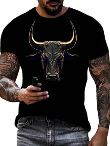 Trendy 3D Bull Head Print Short Sleeve T-Shirt, Heavy Cotton Oversized Loose Fit, American Hardman Style, Summer Unisex Top, Streetwear