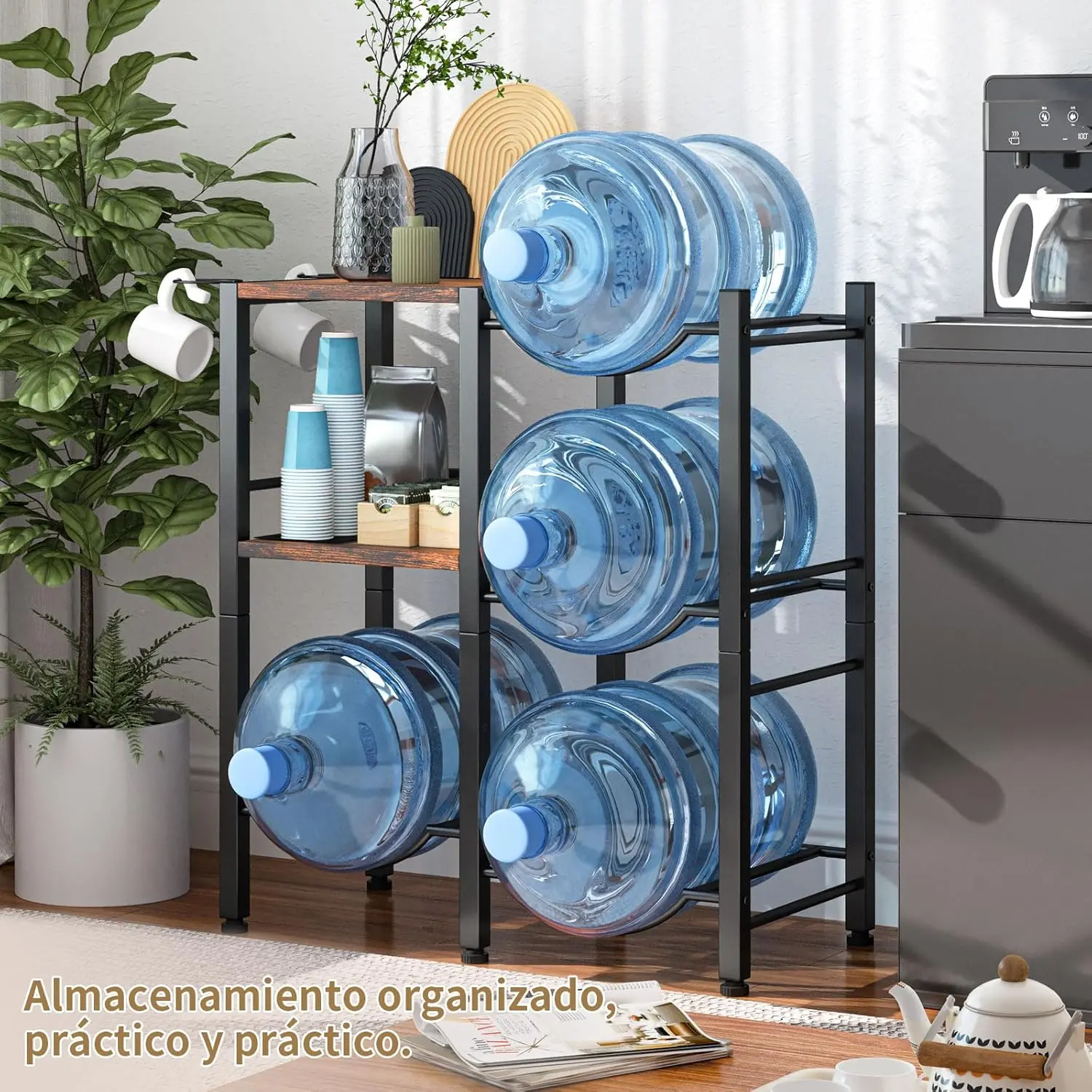 Rustic Brown Steel-Wooden 5 Gal Water Jug Holder with Storage Shelves & Water Dispenser Stand, Home/Office Storage Organizer