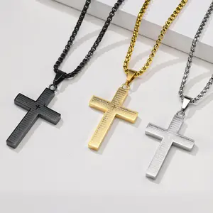 ORP Engraved Cross Charm Necklace, Bible-Carved Unisex Fashion Accessory with Cuban Link Chain, Jesus-Themed Gift for Men, Engraved Necklace