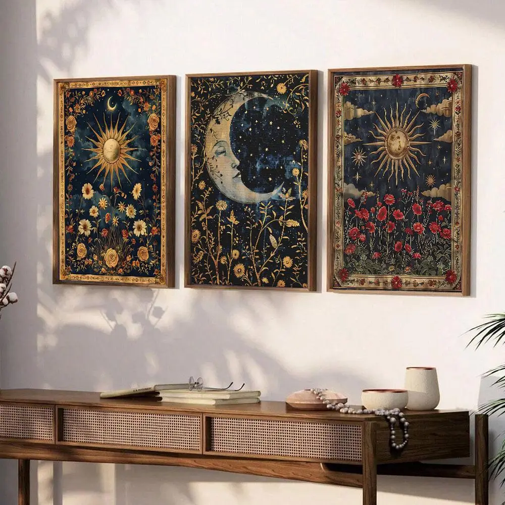 Vintage Floral Style Canvas Painting without Frame, 3 Counts/set Sun & Moon & Starry Sky Pattern Wall Art, Wall Decor for Home Living Room Bedroom