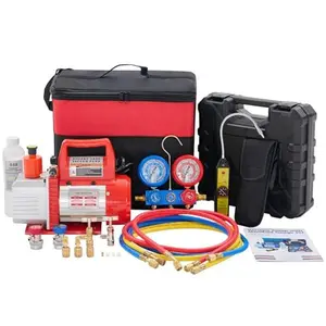 4 CFM Single Stage Vacuum Pump Kit with R134a R410A R22 R12 R404A Manifold Gauge Set, Leak Detector, Hoses & Carry Bag – 110V 1/3 HP HVAC AC Refrigeration Service Tool – ETL Listed