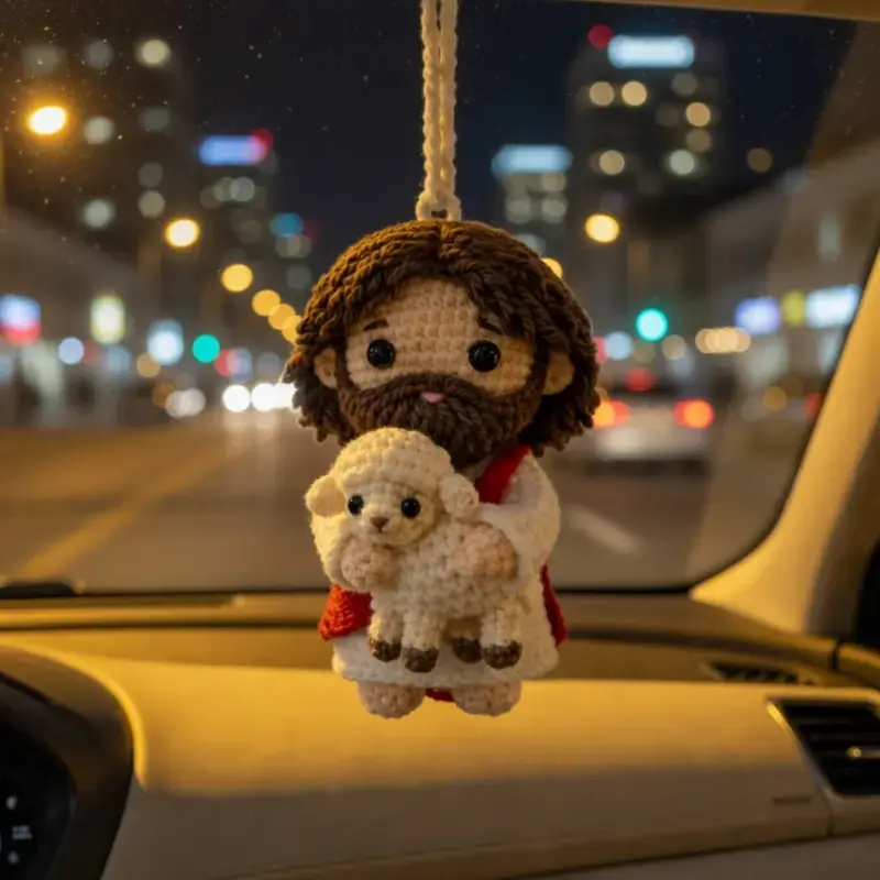 Crochet Jesus with Lamb Car Ornament - Handmade Amigurumi for Vehicle Decor - Perfect for Christmas and Easter Gifts