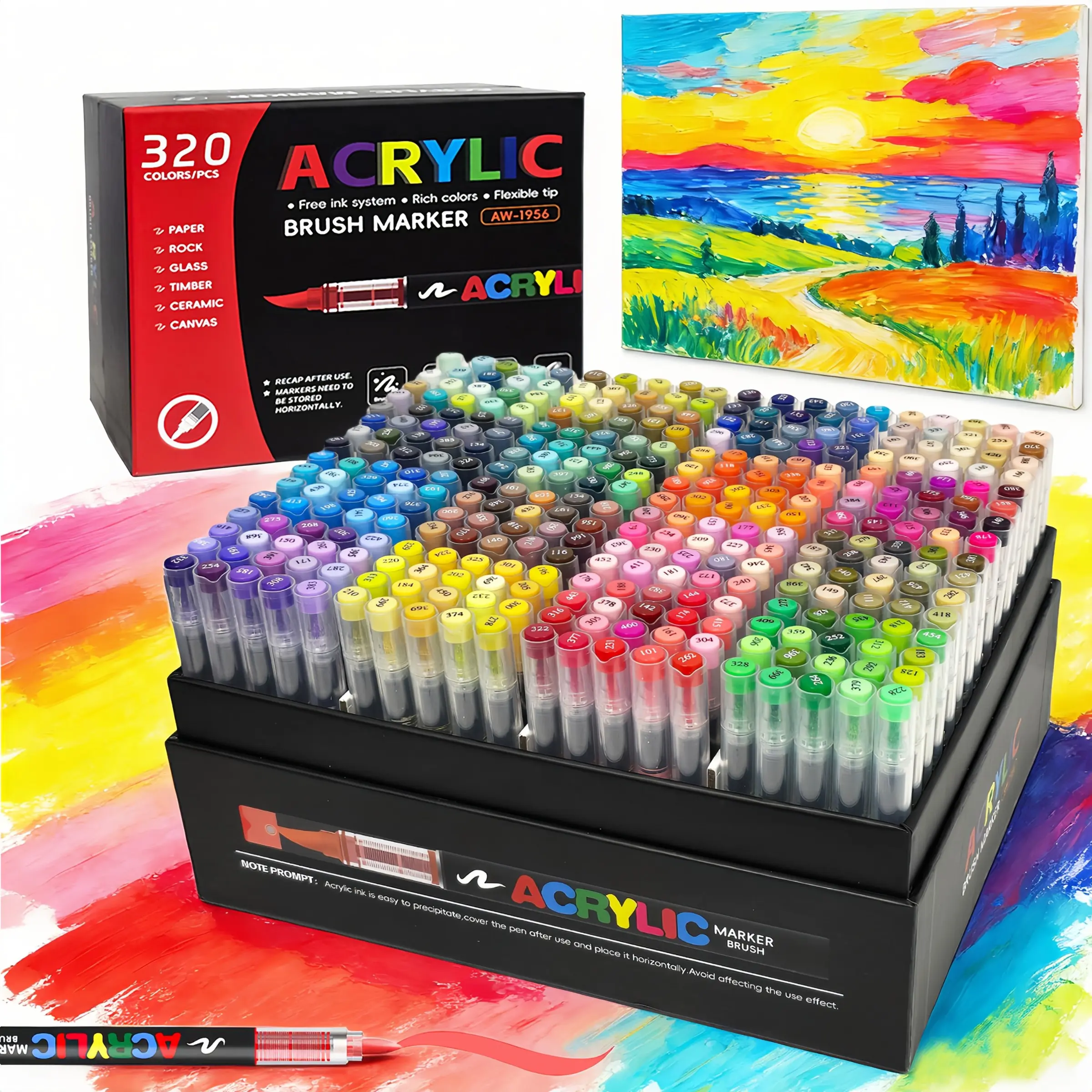 Professional Painting Gift Set, 320 Colors Acrylic Markers, Soft Tip Elasticity, Multi-Surface Compatibility, Transparent Ink Tank