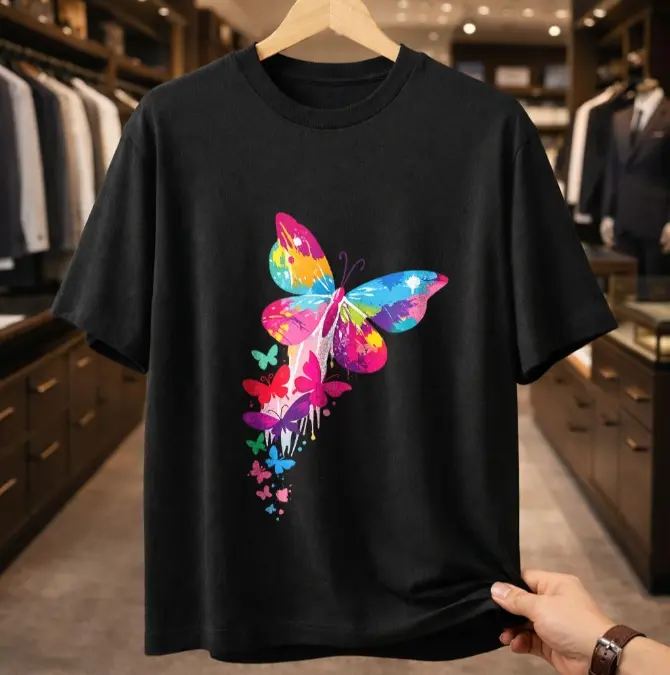 Women's 100% Cotton Short-Sleeve Bohemian Tee, Vibrant Rainbow Drip Paint Butterfly Graphic, Chic Comfortable Everyday Casual Summer Outfit, Shortsleeve, Fashion, Top, Tshirt, Boho Vibes, Breathable