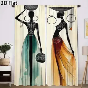 2D Flat 2Pcs African Tribal Art Black Silhouette Women Window Drapes, Bohemian Modern Abstract Ethnic Print Curtains for Living Room, Bedroom, Kitchen, Home Decor Theme Translucent tube bag design