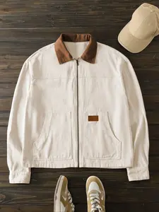 Men's Colorblock Patchwork Fitted Aesthetic Jacket with Zipper Pockets, Apricot Casual Fashion Leather Card Holder Coat for Spring & Fall Seasons