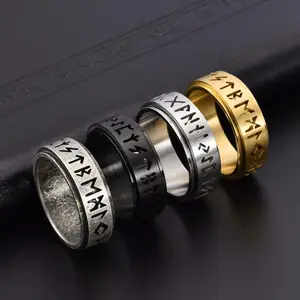 Retro hollow Viking text rotatable ring personalized stainless steel neutral style unisex rune ring suitable for party gifts