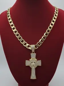 Cadena Cubana 8mm Gold Plated 14k with Cross & Lion King Pendant for Men Lightweight Water Resistant Daily Wear Necklace