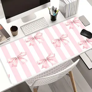 Pink Bow Striped Mouse Pads Extra Large Computer Desk Top Mat, Non - Slip Rubber Base & Stitched Edge, Cute Girly Design for Home Office, Desk Accessories