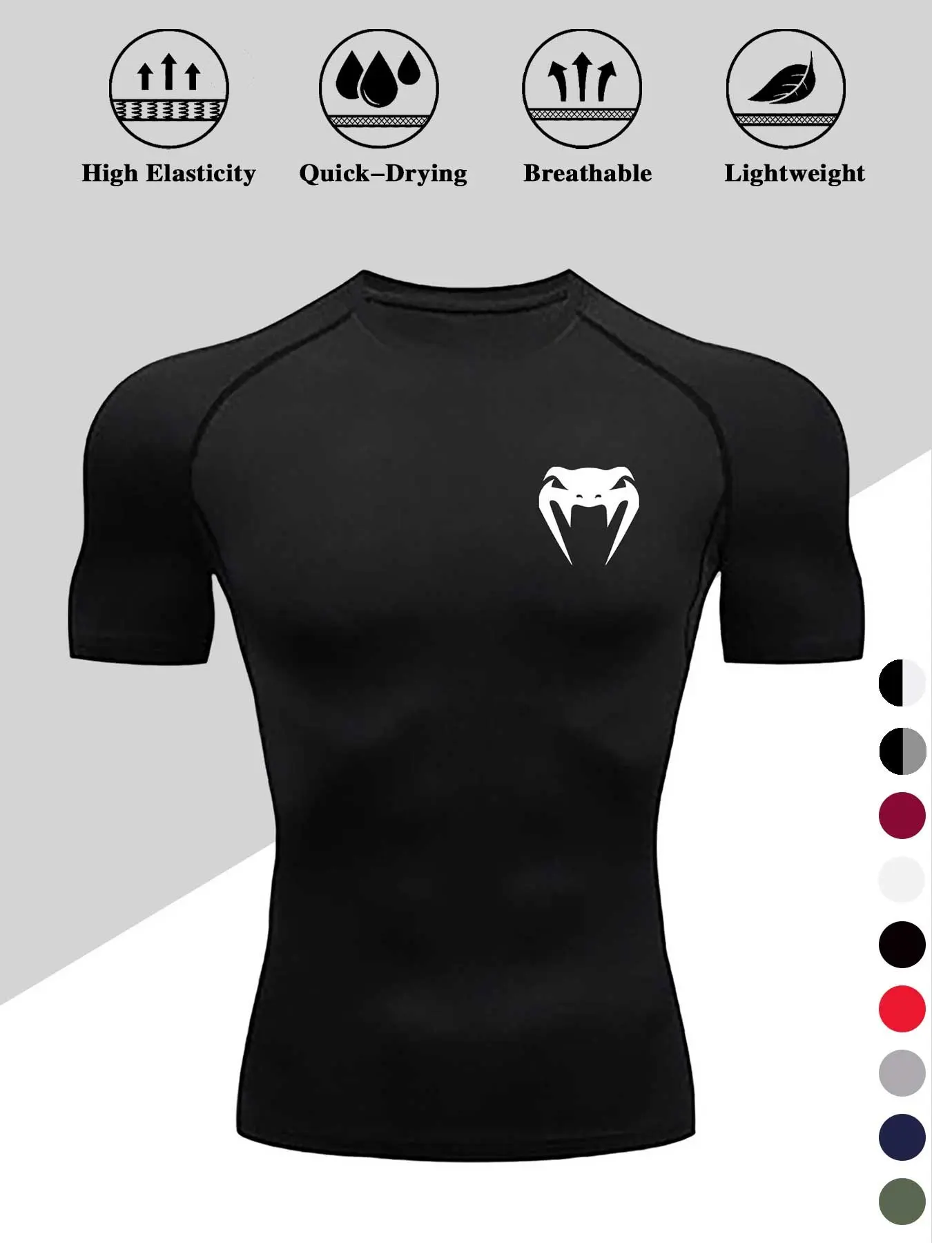 Men's Quick-Dry High Elasticity Slim Fit Sports T-Shirt Activewear, Workout Rash Guard, Snake Print Round Neck Short Sleeve Gym Top, Ideal for Running & Casual Wear