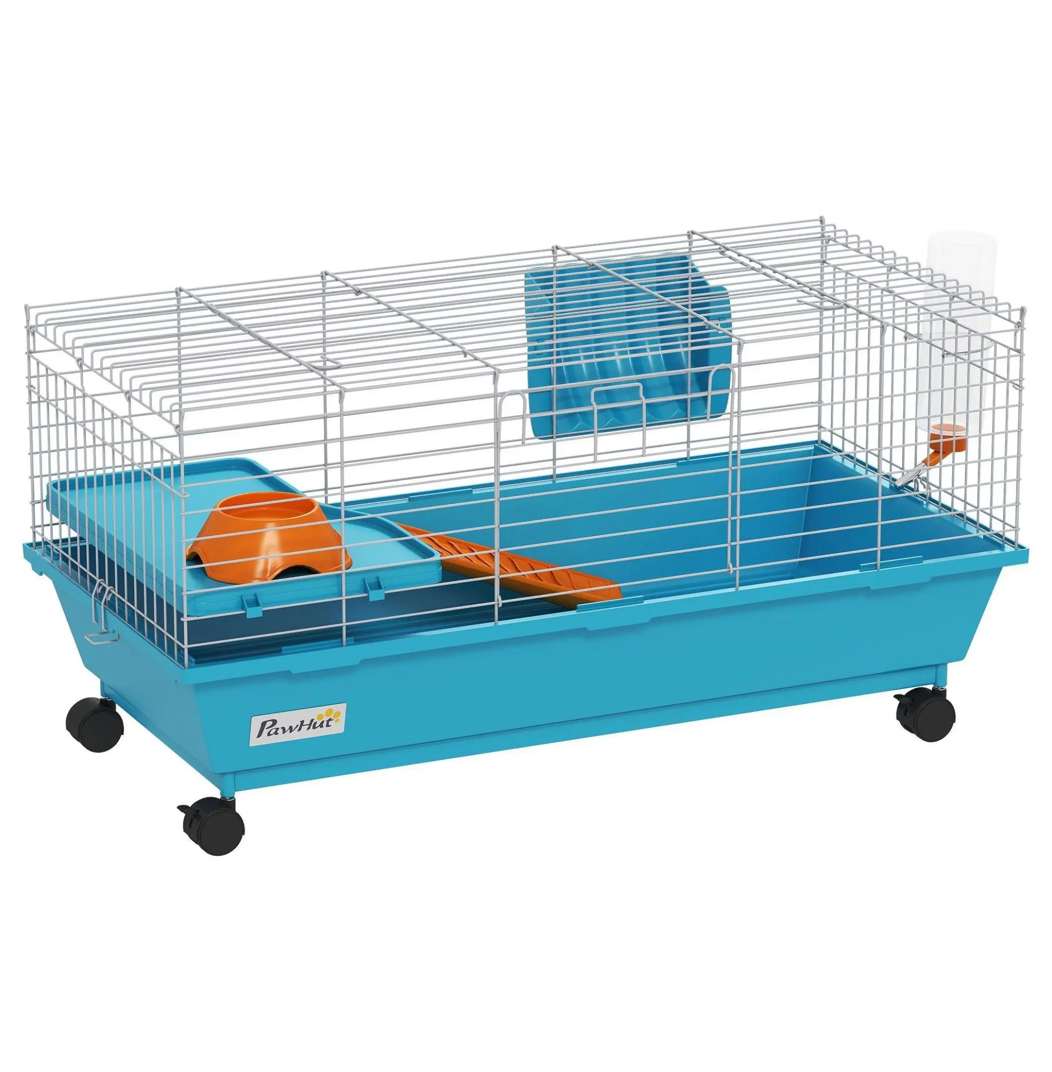 35" Bunny Cage, Guinea Pig Cage with Wheels - Small Animal Habitat - Rolling Rabbit Cage with Food/Water - Blue Default Title