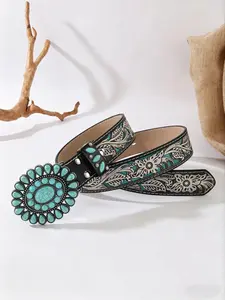 Trendy New Blue Sapphire Embellished Retro Belt, Fashionable Versatile Ethnic Style Accessory, Perfect Gift for Best Friend or Girlfriend, Turquoise Buckle Belt