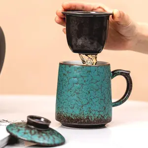 Ceramic Tea Mug with Infuser & Lid, 15oz Kiln-Transformed Unique Cup – Nature's Artisan Design, Loose Leaf Tea Cup with Infuser, Insulated Ceramic Coffee Mugs with Lid, Gift for Women/Men