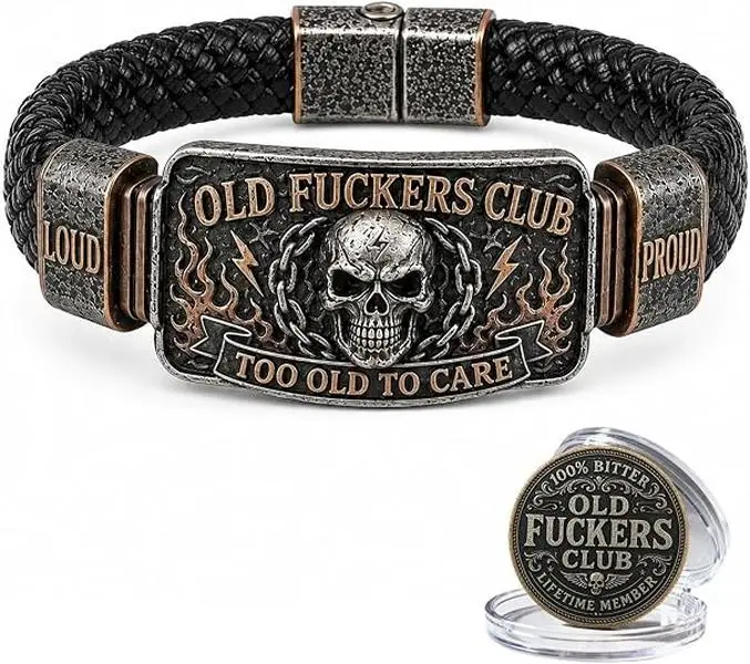 Old Fuckers Club Men's 24cm Antique Metal Retro Skull Flame Chain Biker Bracelet - Braided Strap Gothic Motorcycle Rider Wristband, Funny Daily Gift for Biker Lovers, Retro Look Darkwear Hardcore Punk Metal Hard Rock Bracelets Accessories