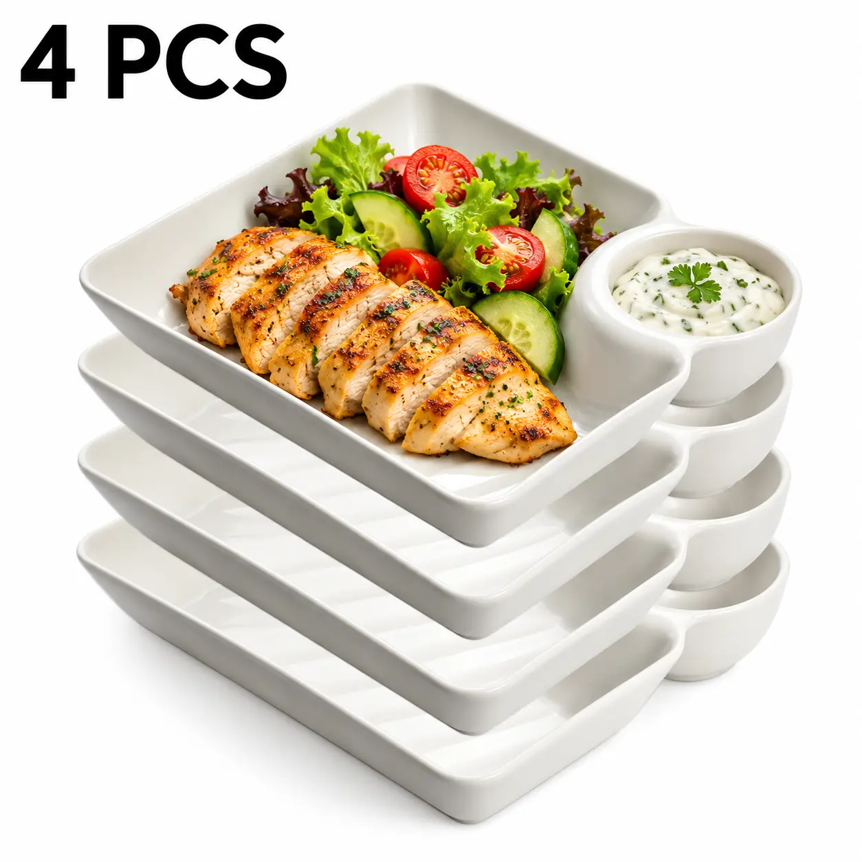 4Pcs Divided Snack Plate Set, Plastic Square Chips Dipping Plate with Sauce Bowl Non-Breakable Safe for Fries/Fried Chicken/Appetizers/Desserts - Great for Kitchen Dining Room Party Dorm