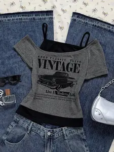 Women's T-Shirt with Floral Pattern, Fitted Casual Basic Everyday Style for All Seasons, Sexy Y2K Vintage Car Print, Modern Urban Fashion Tee