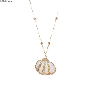 Women's Trendy Ocean Shell Gold Necklace - Elegant Natural Turquoise Seashell Pendant, Shiny Gold Beaded Chain, 10g Lightweight Hypoallergenic Jewelry for Summer Beach Vacation & Daily Wear