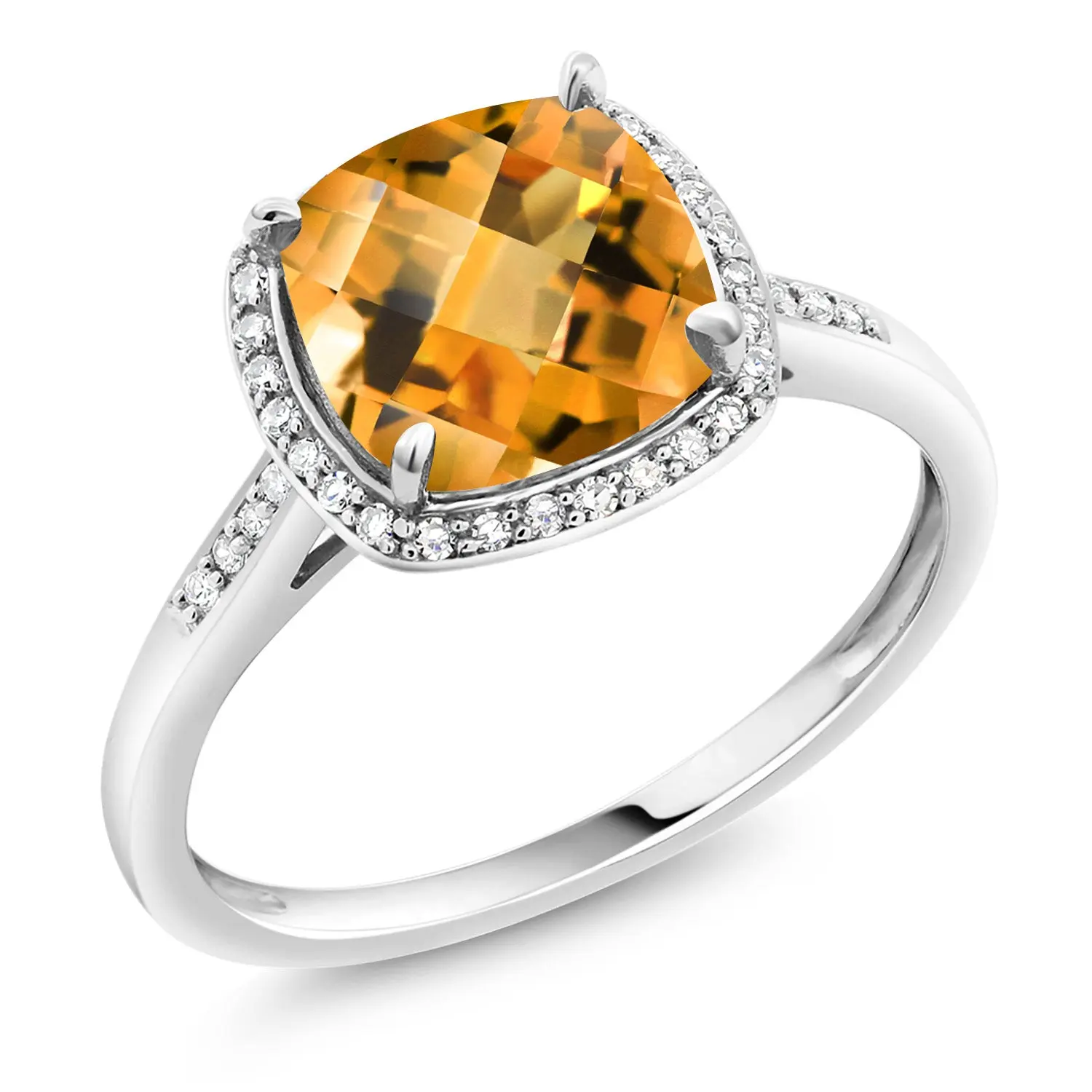 10K White Gold Yellow Citrine and White Diamond Halo Engagement Ring for Women | 2.25 Cttw | Cushion Checkerboard 8MM | Wedding Anniversary Promise Ring
