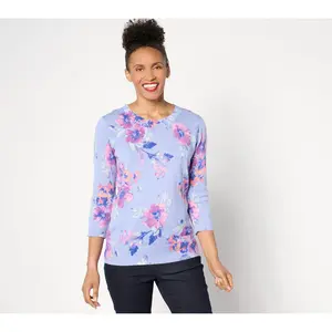 Denim & Co. Printed Round Neck 3/4-Sleeve Sweater