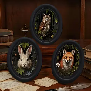 3counts Gothic forest animal photo frame, Picture Frame, retro wall decoration art, oval wall decoration, Wooden Box Sign material, high-definition printing, suitable for family guest rooms,New Year decoration both indoors and outdoors