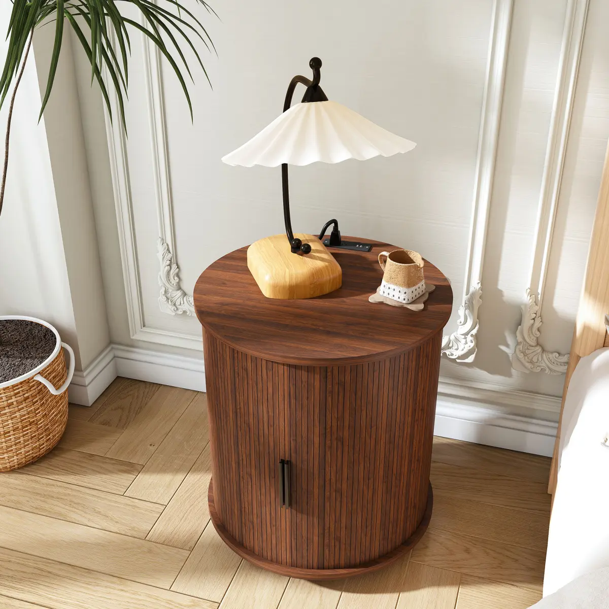 Modern Cylinder End Table with Built-in Charging Station & Sliding Door, 2-Tier Storage Round Nightstand with USB Ports, Walnut Bedside Table for Living Room, Bedroom, Entryway