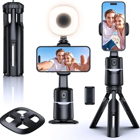 UBeesize Compact Bluetooth Cellphone Mount & Selfie Tripod - Smartphone Camera Accessories, 360° Auto Face Tracking, Gesture Control, No App Needed, Built-in Light, Remote, Height Adjust, Portable Desk Vlogging Equipment for Content Creators