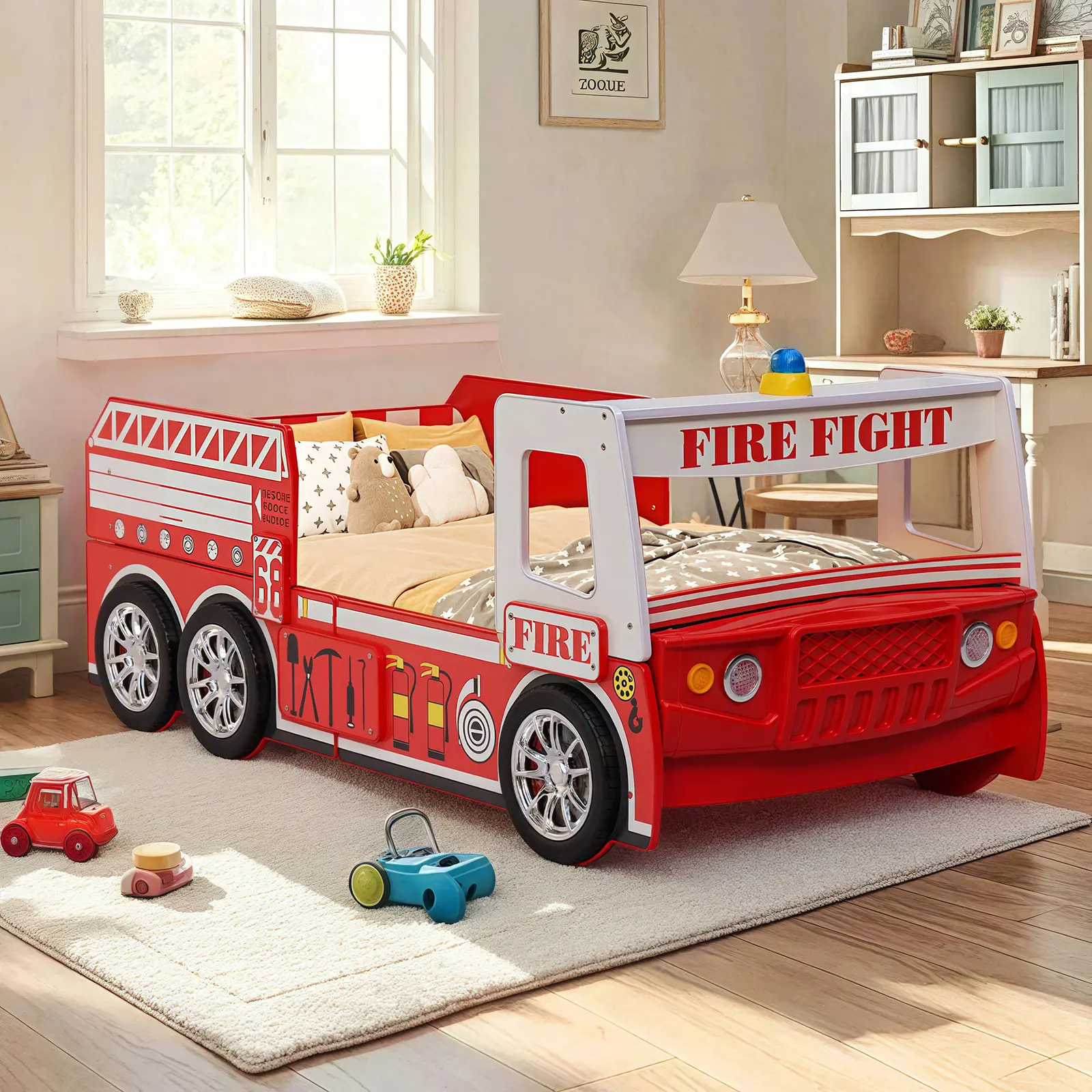 Bellemave Little Heroes Framed Fire Truck Floor Bed Frame - Solid P2 MDF Construction, Kid-Friendly Indoor Furniture, LED Lights, 3D Wheels, Plastic Components, Secure Design, Easy Assembly Required, 83.85x43.11x31.49in, 146 lbs Kids' Bed