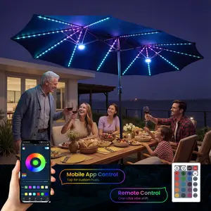 HOOOWOOO 15FT Large Double-Sided Patio Umbrella with Solar Led lights & Base Waterproof Durable Adjustable Lighted for Garden Deck Backyard Pool Beach Canopy Shade