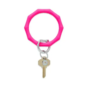 OVENTURE Tickled Pink Bamboo Silicone Big O® Key Ring - Bright Pink Charm with Bamboo Design & Patented Locking Clasp for Everyday Essentials