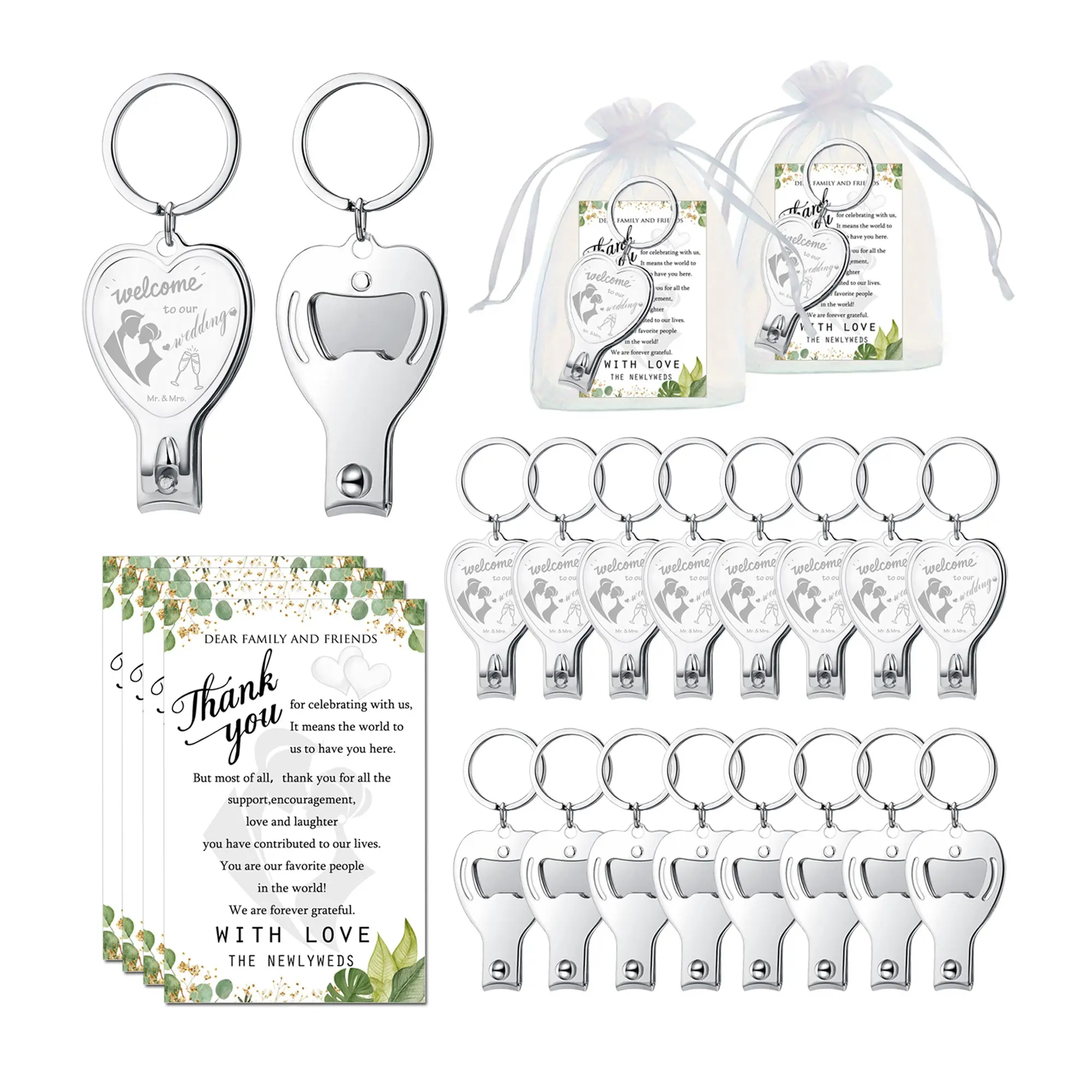 30pcs Wedding Party Gift Set, Multifunctional Metal Keychains, Key Rings, Multi Purpose Keychain, Keychain for Bags, 10 Sets Bridal Shower Favors, Elegance Organza Bags & Thank-You Cards, Keychain for Purse