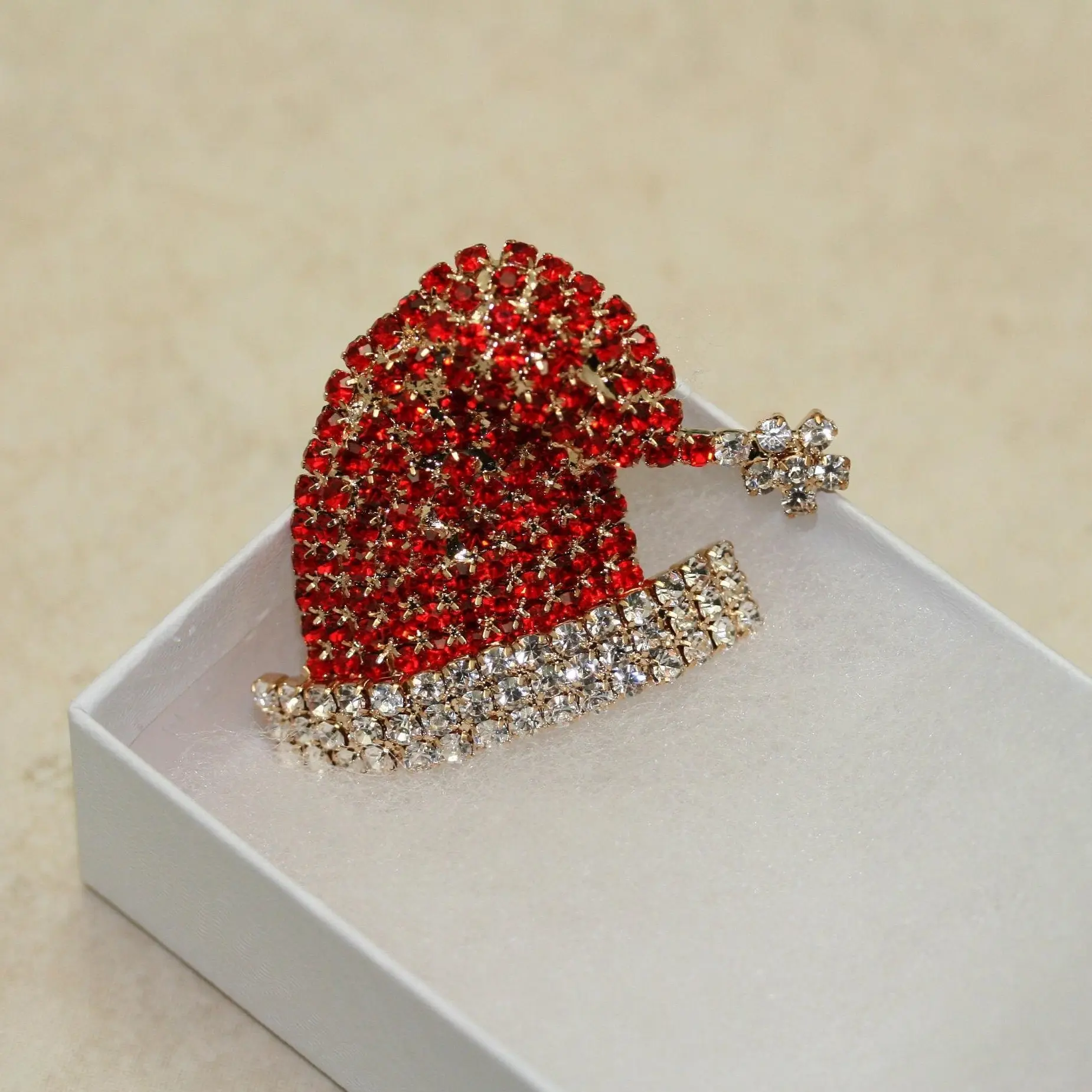 Santa Claus Hat Brooch with Red and Crystal Rhinestones, Festive Unisex Christmas Holiday Pin, Lead Safe Jewelry, Approx 2 x 1.5 Inch, Approx Size, Approx 2 Inch Width X 1.5 Inch Length